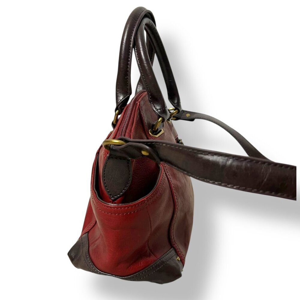 Tignanello Burgundy Leather Satchel Brown Leather Handles Trim Shoulder Strap - Picture 5 of 11